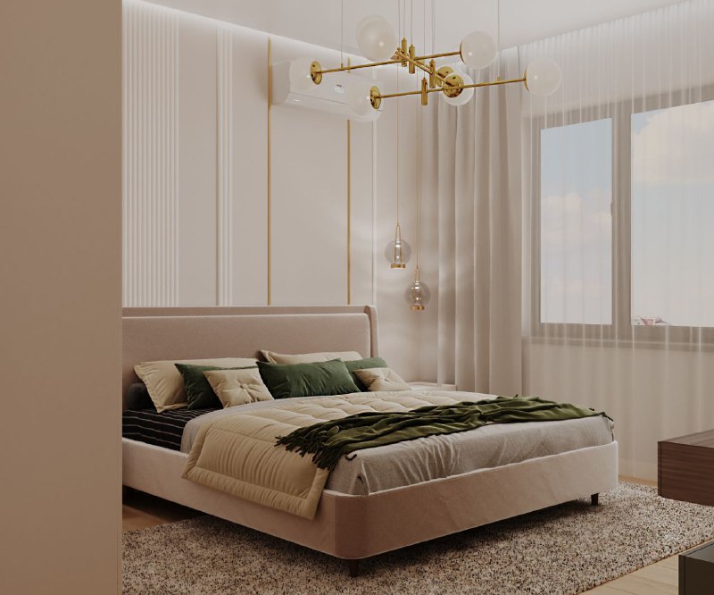 На втором этаже проекта домвсочи спальня 17,4 с собственной ванной 5,4 кв.м. Мягкая бежево пастельная палитра, глубокие зелёные акценты и латунные ... - изображение 3 - проекта, telegram, view