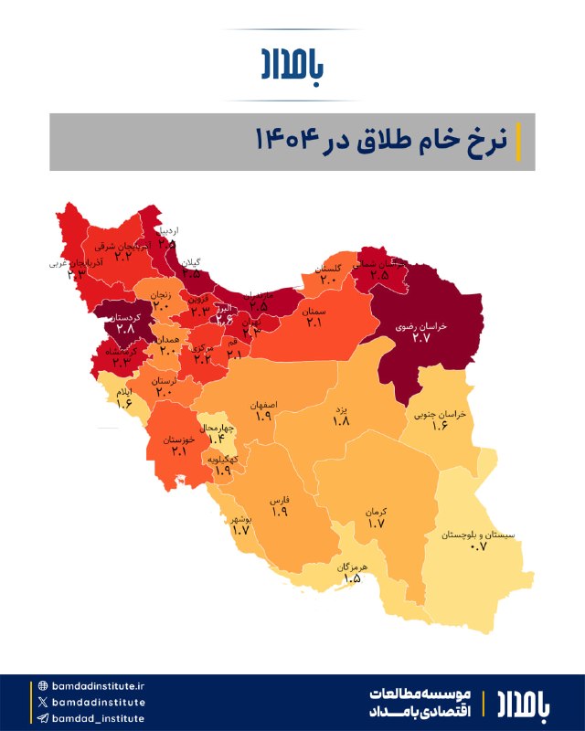 آدراپانا: براساس داده‌های ثبت احوال در سال ۱۴۰۴ نرخ خام طلاق در ایران برابر ۲.۱ بوده و در هر ۱۰۰۰ نفر جمعیت ۲.۱ طلاق رخ داده است.د