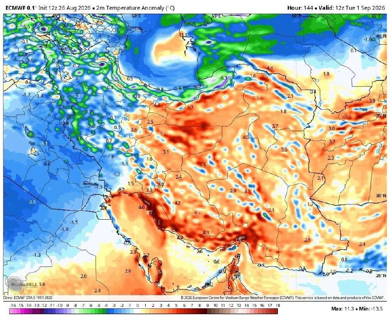 اخبار نصر: 📌آنومالی دمای ۱۴۴ ساعت آینده / ورود توده هوای خنک از غرب. اواسط هفته آینده▫️هفته اول شهریور مطابق پیش بینی با گرمای شدید