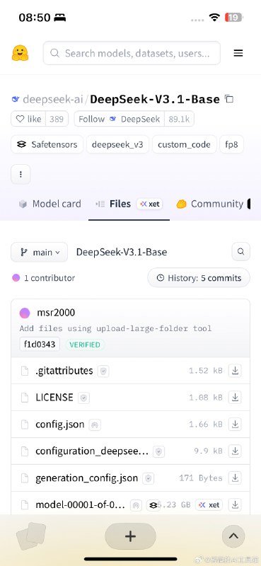 DeepSeek V3.1 模型已经开源：huggingface.co/deepseek-ai/DeepSeek-V3.1-Base/tree/main#ai创造营#