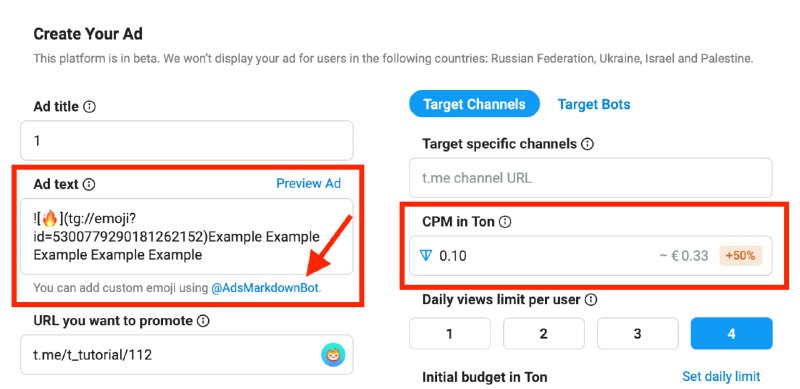 🔥 Now you can add custom emojis to your ad!1. Go to @AdsMarkdownBot2. Send your ad text with a custom emoji3. Done! You can take your text. For example for this emoji🔥It will look like this:![🔥](tg://emoji?id=5300779290181262152)Example Example Example Example ExamplePay attention that Ads with custom emojis require a 50% higher CPM on average to be displayed.⭐ Grab my guide💬 Get my consultation