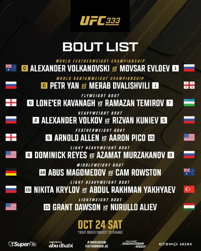 UFC Center: ⭕️لیست مبارزات ایونت UFC 333 مشخص شد🔻در مین ایونت شاهد مبارزه الکساندر ولکانوفسکی یکی از بزرگترین مبارزان این دسته و موو