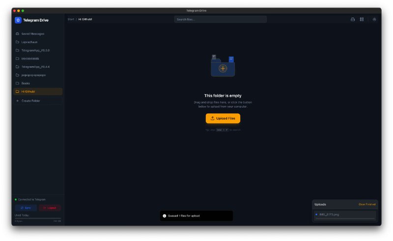 🆔  软件名称：Telegram Drive⭐️  软件功能：telegram转网盘➡️  支持平台：#Windows #macOS #Linux 📁  软件简介：一款将Telegram 账户转变为一个无限、安全的云存储驱动器的工具