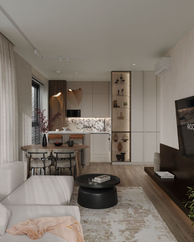 Дизайн проект квартиры 92,8 кв.м Сдержанная современная кухня гостиная 26,1 кв.м спокойная нейтральная палитра, тёплая атмосфера и продуманное зони... - изображение 3 - проект, telegram, view