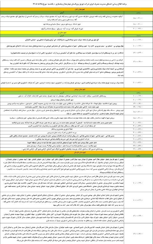 آخرین خبر شهرستان بروجن: 🔴 جزئیات قطعی برق در شهرستان بروجن، روز یکشنبه ۲۵ مرداد⭕️آخرین خبر شهرستان بروجن👇@borujen_today