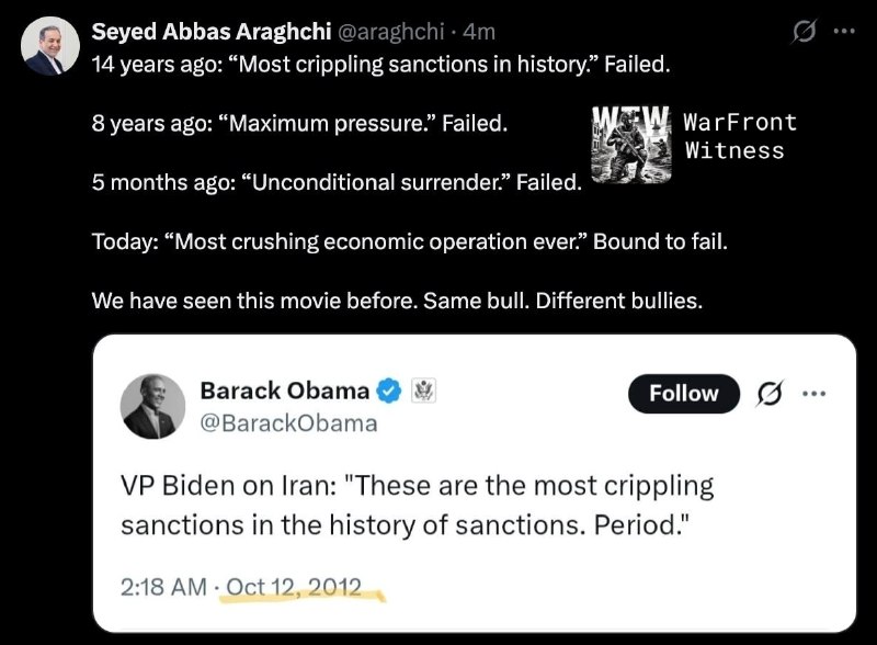 ️🇮🇷🇺🇸 שר החוץ האיראני, עבאס אראחצ'י, דחה את הסנקציות החדשות של ארה"ב, והשוותה אותן למסעות לחץ שנכשלו בעבר.