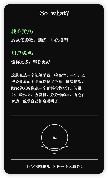prompt： so what(prompt见公众号文章)将〝产品卖点〞转换为〝用户买点〞