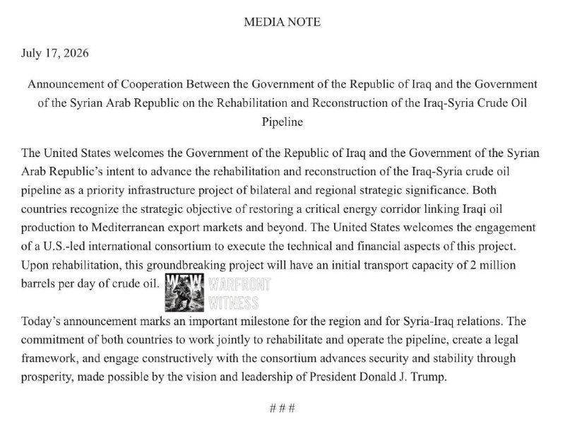 ️🇺🇸🇮🇶🇸🇾 ארה"ב בירכה על הסכם בין עיראק לסוריה לשיקום ושיקום צינור הנפט הגולמי עיראק-סוריה, ומתארת אותו…