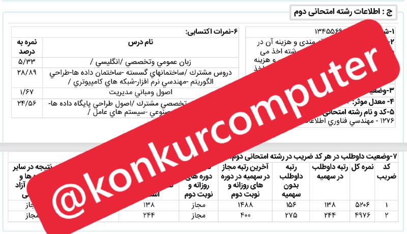 کنکور ارشد کامپیوتر: 🌹❤️ کارنامه دانشجوی عزیزم حدیث چراغی رتبه ١٣٨ آیتی🌹 براش خوشحالم و بهش افتخار میکنمحدیث موارد زیر رو داشته👇پکیج ١٢ درس و