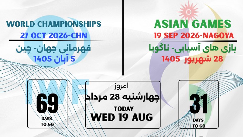 IRIWF | صفحه رسمی فدراسیون وزنه برداری جمهوری اسلامی ایران: #روزشمار ۳۲ روز تا آغاز بازی‌های آسیایی ناگویا ۲۰۲۶ ۷۰ روز تا آغاز رقابت‌های جهانی چین ۲۰۲۶#روزشمار۳۱ روز تا آغاز بازی‌ه