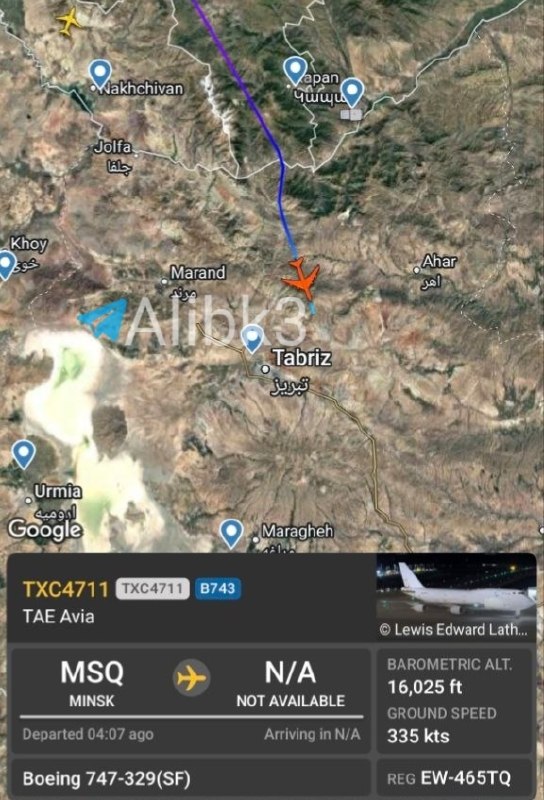 A cargo plane coming from Belarus lands at Tabriz airport in Iran.
