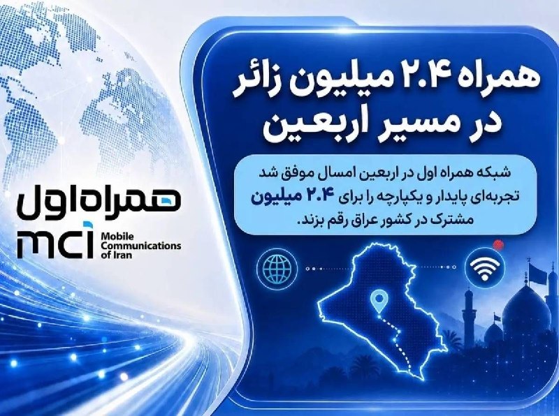 خبرگزاری‌کارایران"ایلنا": 🔹همراه ۲.۴ میلیون زائر در مسیر اربعین🔹همراه اول در اربعین ۱۴۰۵ با ثبت حضور ۲.۴ میلیون مشترک در کشور عراق، توانست تجربه‌ا