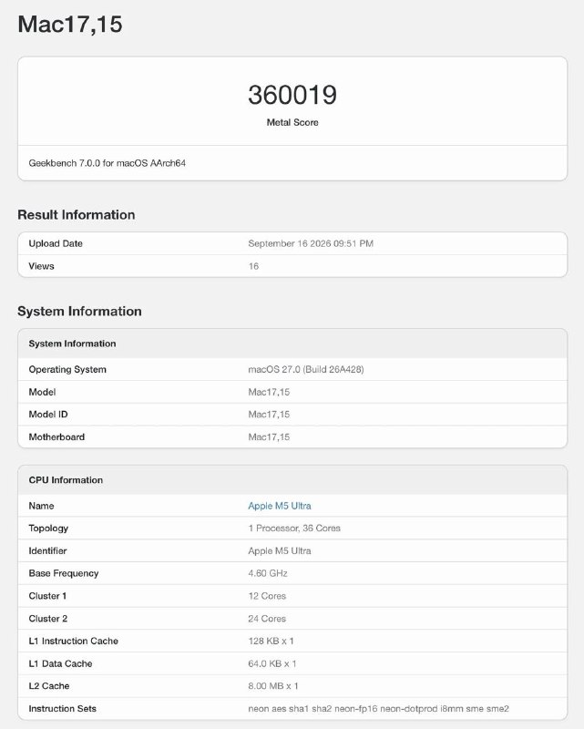 Apple M5 Ultra 跑分泄露，Metal 超过 RTX 5090