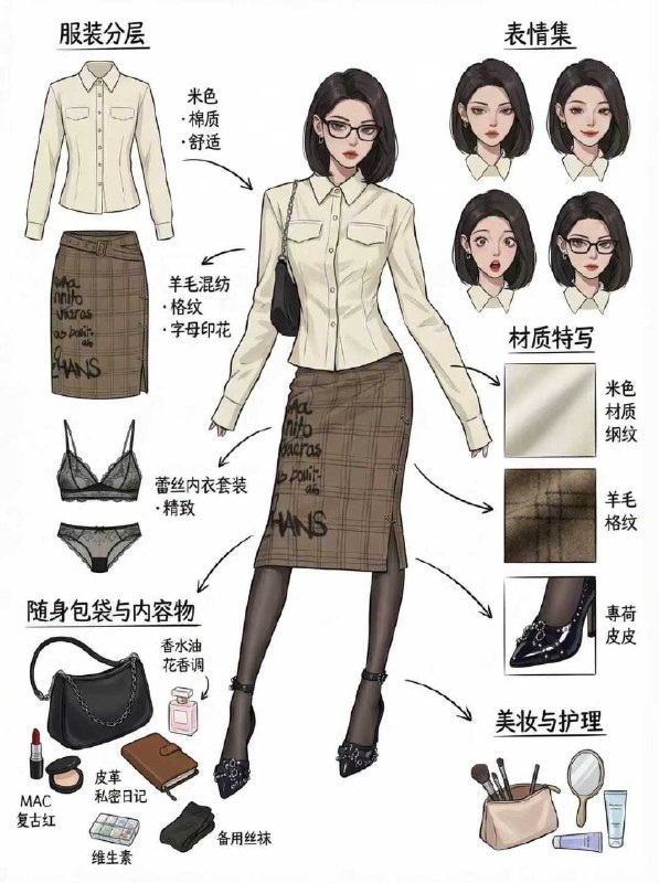【✨最近在 nanobanana 试了个很有设计感玩法】：女性模特的全套服装拆解图最近在研究 AI 做时装图，意外发现一种特别像专业服装设计师在出板的效果：“女性模特 + 服饰结构拆解 + 面料特写 + 配件逻辑图”整个画面像是走进时尚工作室，把“成衣 → 分层 → 材质 → 随身物”全部摊开给你看