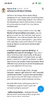 看了 Cursor 首席设计师 Ryo Lu 今天发的一段话，非常有共鸣。很多人都在欢呼 AI 让人人都能写代码，但残酷的真相是：AI 正在制造一种因为速度而产生的幻觉。你可能只需要十分钟就能生成一个看起来能跑的网站，觉得自己无所不能。但随着项目复杂度增加，你会发现自己掉进了一个陷阱。这就是“口嗨编程”和“系统思考”的分水岭。1️⃣ 如果你只负责提要求，而不懂得拆解结构。AI 就会用它见过的最平庸的模式去填补空白。当你试图修改一个功能时，可能会发现整个代码库像一团乱麻，根本动弹不得。2️⃣ 真正的创造者，在