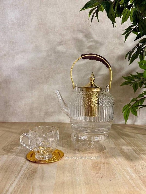 Kangarooshop: ⭐قوری پیرکس طلایی دسته چوبی⭐