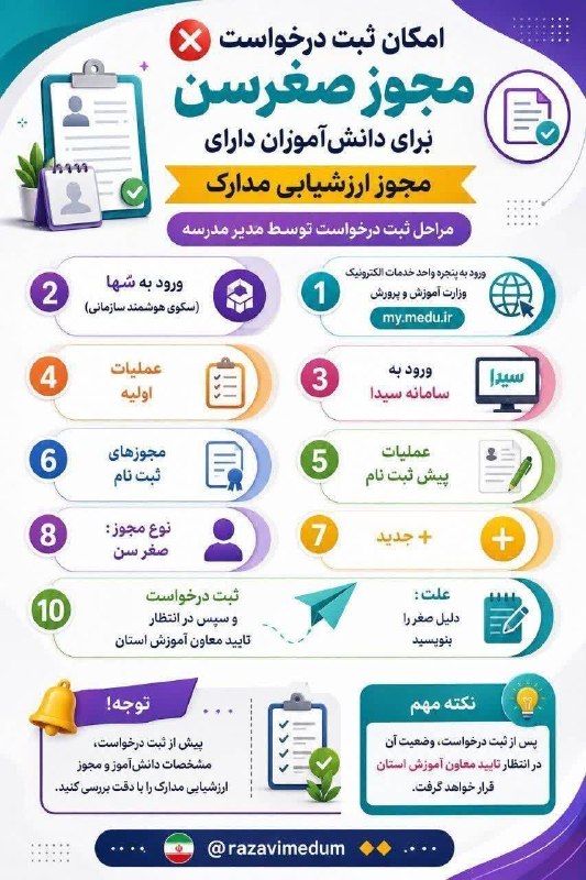 کانال اجرایی مدارس کشور: ❎ امکان ثبت درخواست مجوز «صغرسن» برای دانش‌آموزان دارای مجوز ارزشیابی مدارک📌 مدیران مدارس می‌توانند درخواست مجوز صغرسن ر