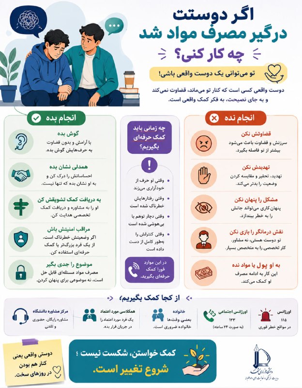 پایگاه اطلاع رسانی مدیریت فرهنگی و فعالیتهای داوطلبانه دانشگاه فردوسی مشهد: وقتی یک دوست درگیر مصرف مواد میشود، اولین واکنش ما نباید قضاوت یا سرزنش باشد❗️گاهی یک «گوش دادن»، یک «همدلی» و یک «کمک