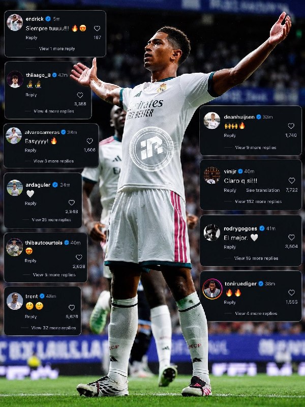 رئال مادرید توییت | Real Madrid Tweet: 📲کامنت بازیکنان رئال مادرید زیر پست اینستاگرامی بلینگهام :⚪️گولر: 🤍⚪️ کورتوا: 😍⚪️آرنولد: 🥹🥹⚪️هویسن: 🙌🔥⚪️وینیسیوس: ارههه⚪