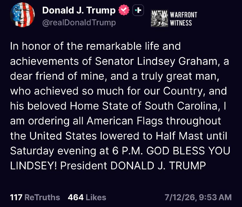 ️🇺🇸 נשיא ארה"ב טראמפ באמצעות פקודות TruthSocial כל דגלי ארה"ב הורדו לחצי התורן עד שבת בערב בשעה 18:00 לכב…