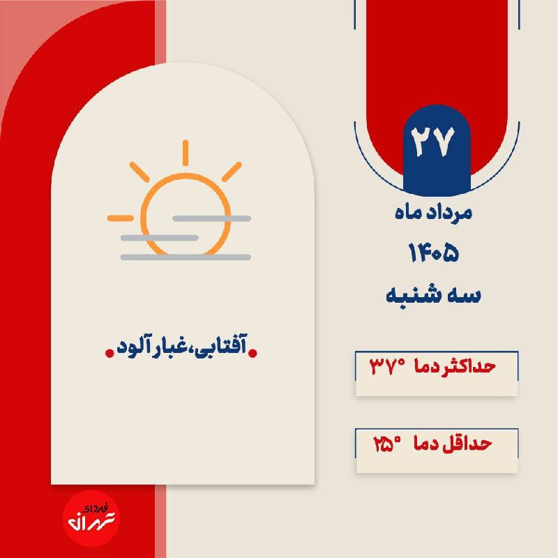 فردای تهران: ‼️وضعیت آب و هوای فردای تهران؛ آفتابی، غبار آلود 🔸فردا سه شنبه، ۲۷ مرداد ماه ۱۴۰۵، هوای پایتخت آفتابی، غبار آلود خواهد ب