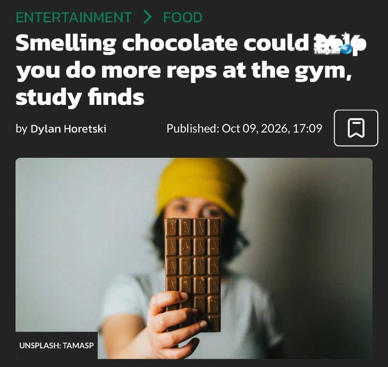 🇮🇱 The smell of chocolate can increase physical endurance. The aroma of dark chocolate was the most effective: the athletes were able to perform 18 more repetitions compared to its absence. The smell of milk chocolate improved the result in 9 repetitions. At the same time, the athletes did not feel increased fatigue due to the additional load.