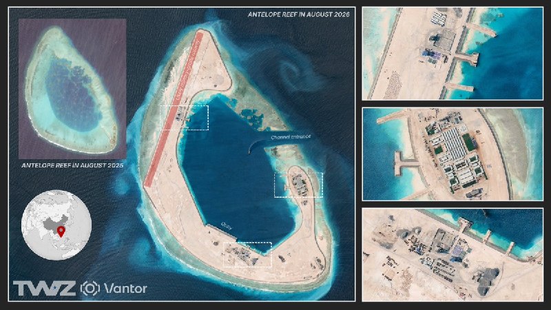 Iranian Naval Force: صخره دیروز، پایگاه امروز!طبق تصاویر ماهواره‌ای، چینی‌ها پس از ۱۰ ماه کار مداوم و لای‌روبی، بر روی صخره انتلوپ، یک جزیره 