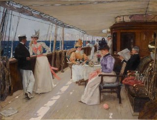 Yachting in the Archipelago, 1898🖌 Artist: Henri Gervex (French painter, 1852 - 1929)Oil on canvas, 100.6 x 130.8Private collectionThis painting portrays a serene moment aboard a luxurious yacht, where well-dressed passengers enjoy the calm of a sunlit dec
