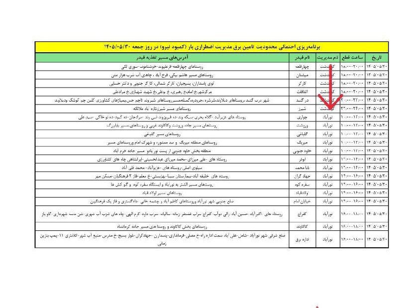 پایگاه خبری نسیم دلفان: برنامه ریزی احتمالی محدودیت تامین برق مدیریت اضطراری بار (کمبود نیرو) در روز جمعه ۱۴۰۵/۰۵/۳۰ در شهرستان دلفان🌎کانال خبری