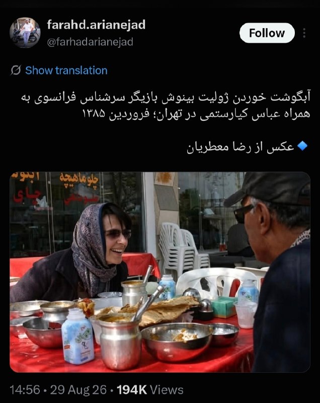 ژاژخا: اینکه بتونی ژولیت بینوش رو بیاری ایران بهش آبگوشت بدی اونم کف خیابون رو میز و صندلی پلاستیکی و همزمان نیکی کریمی هم تو آ