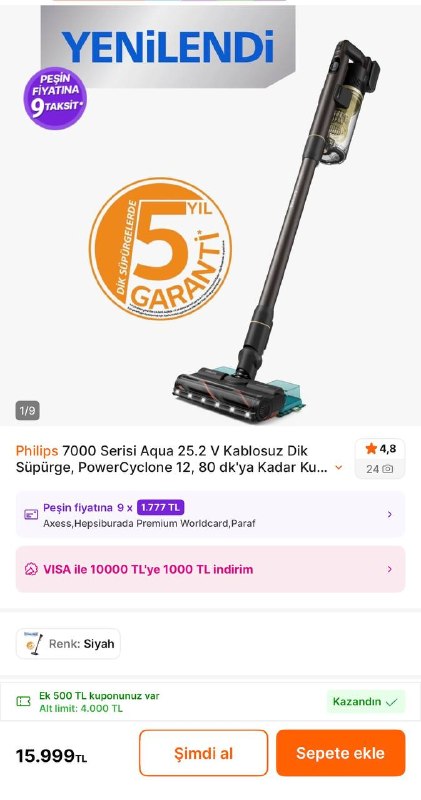Philips 7000 Serisi Aqua 25.2 V Kablosuz Dik Süpürge, PowerCyclone 12, 80 dk'ya Kadar Kull…