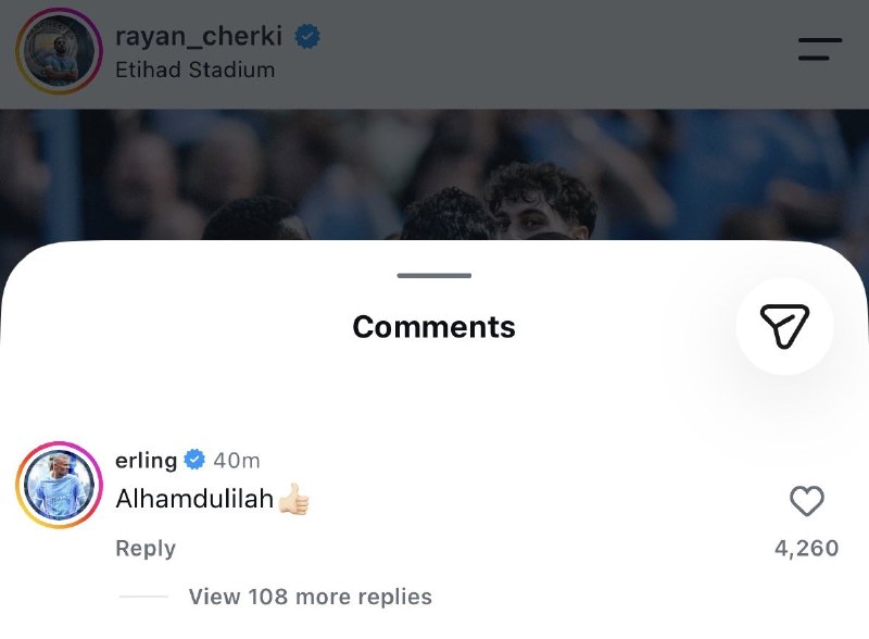 DashgNEWS: ⚽️ کامنت ارلینگ هالند زیر پست رایان چرکی بعد از برد: الحمدلله 👍#doki