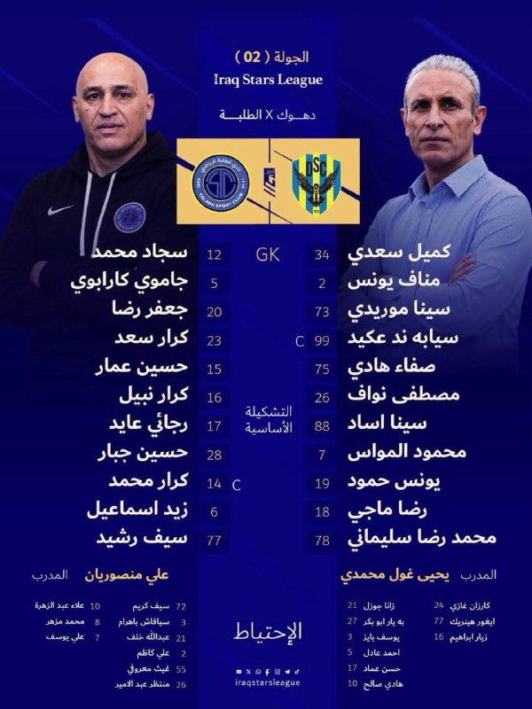 Varzeshland: 🇮🇶 هفته دوم لیگ ستارگان عراق؛🇮🇶🇮🇶 ترکیب الطلبه و دهوک⏰ساعت ۲۱:۳۰