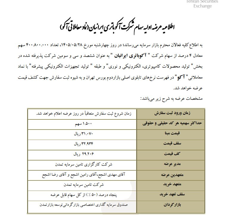 هم افزایان بورس تهران: عرضه اولیه آکوباتری ایرانیان با نماد #آکو▪️تاریخ عرضه: چهارشنبه 28 مرداد ▪️بازه قیمتی: 29206 تا 32934 ریال▪️حداکثر سهمیه