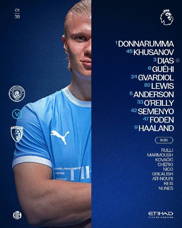 Fotbalł: ⚽️ لیگ‌برتر انگلیس⚽️⚽️ ترکیب منچسترسیتی مقابل بورنموث.⏳ ساعت بازی: 16:30❤️ @Fotball