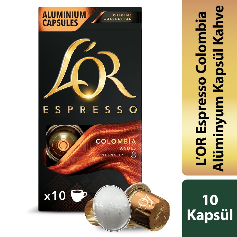L'OR - Espresso Kahve - Colombia - Origins Collection - Yoğunluk 8 - Turunçgil Notaları - 1 Paket x 10 Alüminyum Kapsül - 1 Kutu