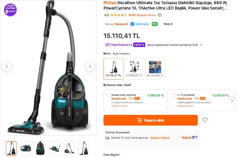 Philips Marathon Ultimate Toz Torbasız Elektrikli Süpürge, 899 W, PowerCyclone 10, TriActi…