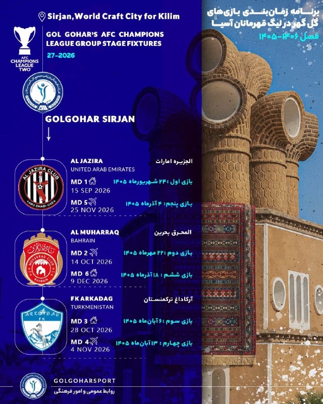 90: برنامه کامل دیدارهای گلگهر در مرحله گروهی لیگ قهرمانان آسیا ۲هفته اول | سهشنبه ۲۴ شهریور ۱۴۰۵گلگهر سیرجان ـ الجزیره ا