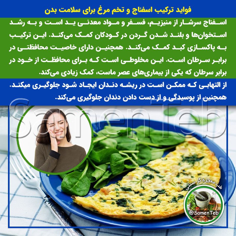 🍃طبِ معجزه‌گرِ سنتی🍂: 💥فواید ترکیب اسفناج و تخم مرغ برای سلامت بدن🔹اسفناج سرشار از منیزیم، فسفر و مواد معدنی ید است و به رشد استخوان‌ها و بلند