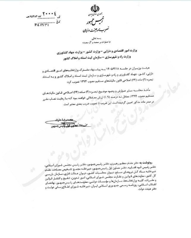 نرم افزار حسابداری فرداد: 📌 مبنای محاسبه عوارض و مالیات نقل‌وانتقال املاک تعیین شد!📝 هیئت وزیران با تصویب‌نامه جدید اعلام کرد:✔️ مبنای محاسبه سایر