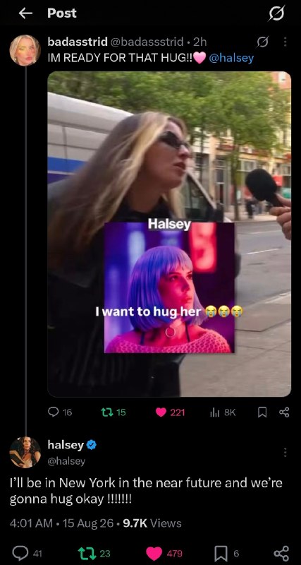 Halsey | هالزی: فنی که تو این چالش شرکت کرده بود در واکنش به استوری هالزی توییت زده و گفته: برای اون بغل آمادم!و هالزی هم ریپلای کرد و ن