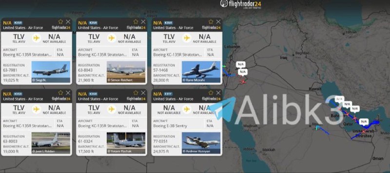 شبکه خبر: پنج فروند هواپیمای تانکر سوخترسان مدل KC-135R ساخت آمریکا که از تلآویو به پرواز درآمدهاند، و یک فروند هواپیمای هشدار