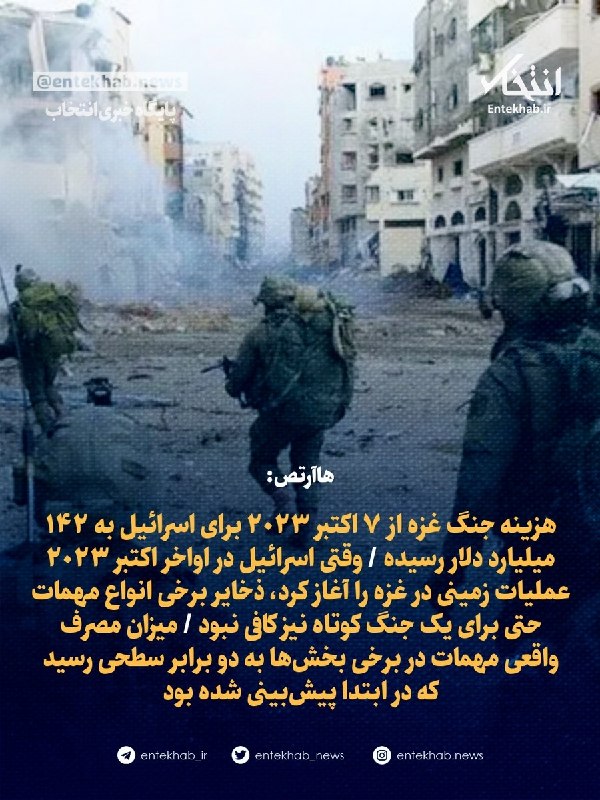 پایگاه خبری انتخاب ✔: ♦️ هاآرتص:🔹 هزینه جنگ غزه از ۷ اکتبر ۲۰۲۳ برای اسرائیل به ۱۴۲ میلیارد دلار رسیده 🔹 وقتی اسرائیل در اواخر اکتبر ۲۰۲۳ عملی