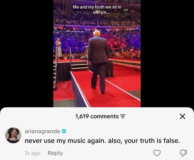 Ariana Grande | آریانا گرانده 🌸: ⿻ آریانا برای پست دونالد ترامپ که از آهنگ “we can’t be friends” در ویدیوش استفاده کرده بود، کامنت گذاشت📝دیگه هیچ وقت از