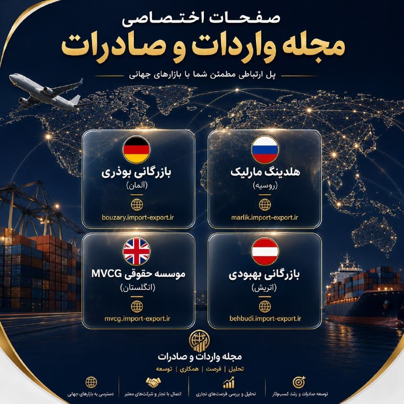 مجله واردات و صادرات: صفحات اختصاصی مجله واردات و صادرات✳️ بازرگانی بوذری (آلمان)bouzary.import-export.ir✳️ هلدینگ مارلیک (روسیه)marlik.import