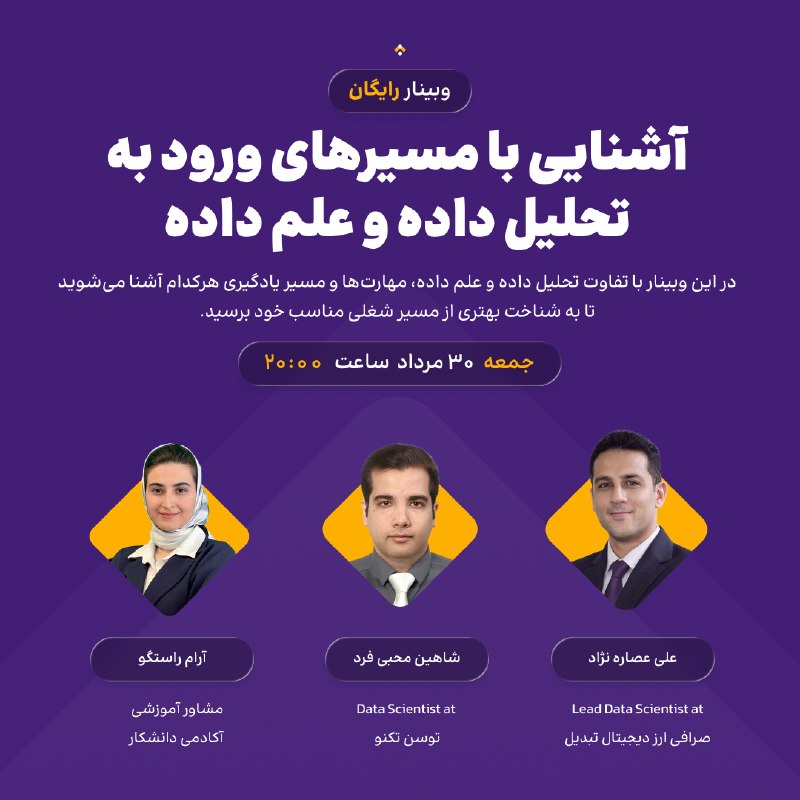 فریلنسر: این یه وبینار برای آشنایی با مسیرهای ورود به دنیای تحلیل داده و علم داده است.ظرفیت باقی‌مونده: 12 نفر ثبت‌نام رایگان:👇🏻👇