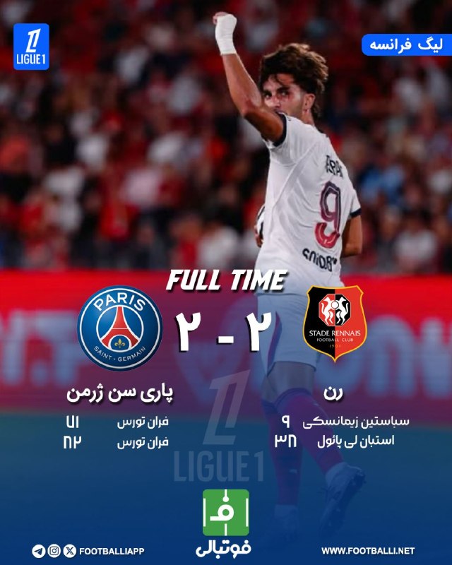 فوتبالی | Footballi.net: 🌬پایان بازی 🇫🇷رن 🔢 - 🔢 پاریسنژرمن🇫🇷 فران تورس در ۱۱ دقیقه ورق را برگرداند 🇫🇷هفته اول #ليگ_فرانسه https://footballi.net