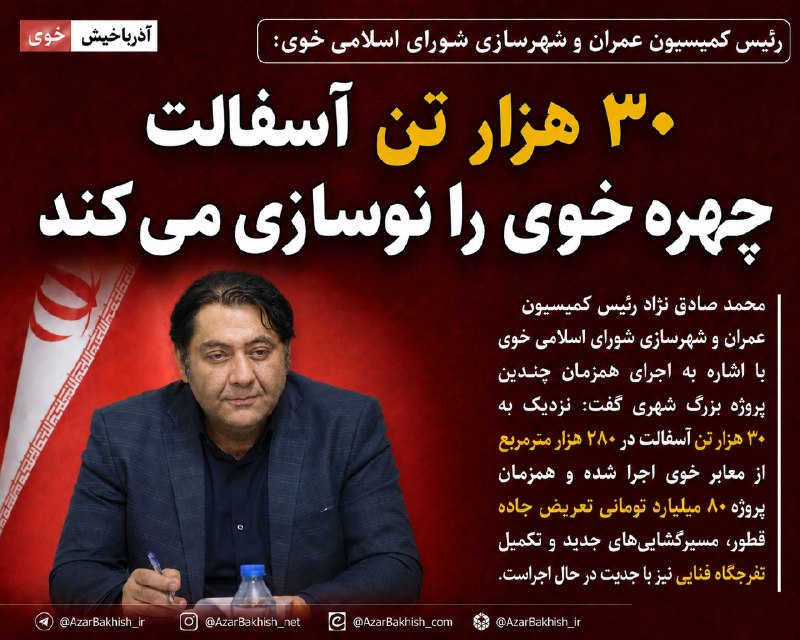 آذرباخیش: ۳۰ هزار تن آسفالت چهره خوی را نوسازی می‌کند🔹رئیس کمیسیون عمران و شهرسازی شورای اسلامی خوی با اشاره به اجرای همزمان چندین