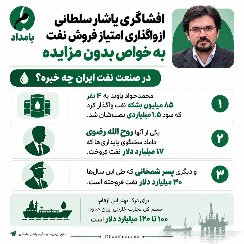 "صدای ملّت": 🔴 روایت یاشار سلطانی از واگذاری‌های پرحاشیه فروش نفت!🔸 یاشار سلطانی در گزارشی، از واگذاری امتیاز فروش نفت به چند فرد خاص