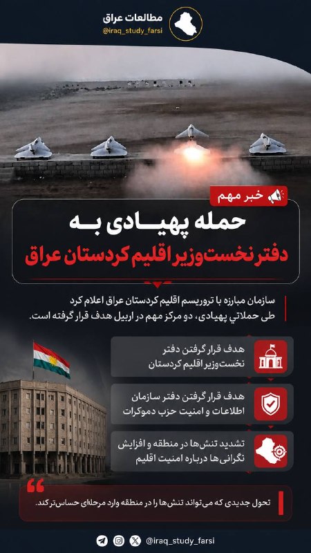 مطالعات عراق: حمله پهپادی به دفتر نخست وزیر اقلیم کردستان عراق🔺سازمان مبارزه با تروریسم اقلیم کردستان عراق ادعا کرده است طی حملاتی پهپ